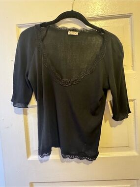 Free People Black Lace Trim Ribbed Top